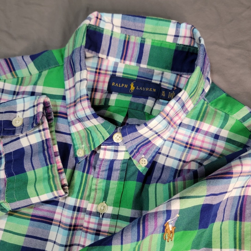Ralph Lauren Oxford Button Down Shirt Men's XL Gigham Multicolor Flesh Pony